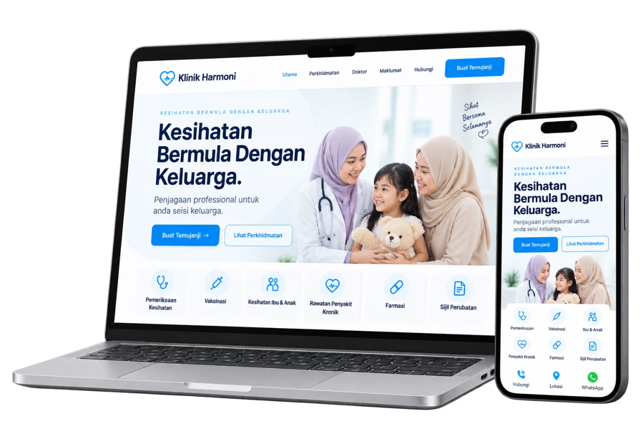 Contoh Website Klinik di Laptop dan Telefon